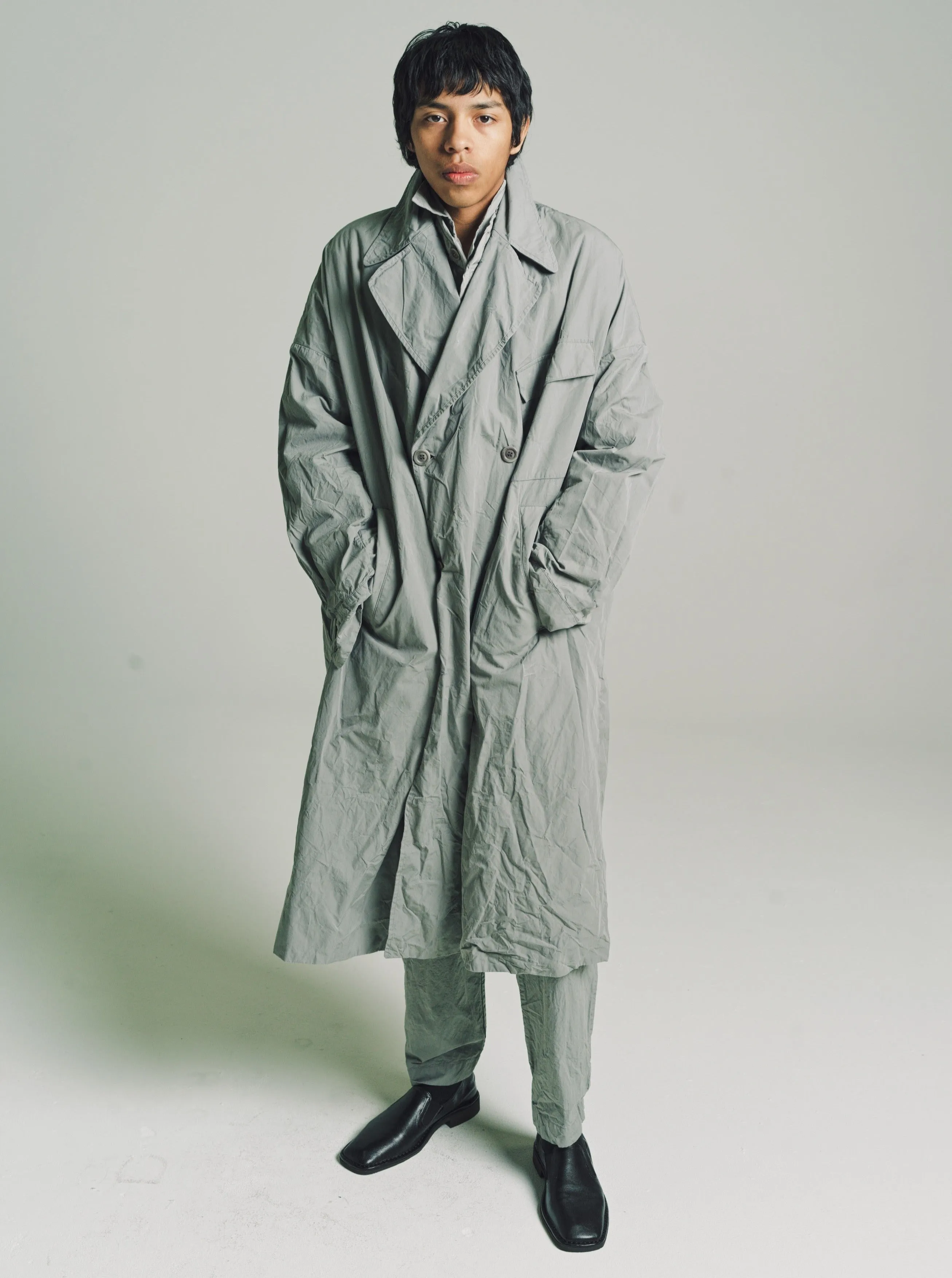 Grey Wrinkled Card Cotton Double Breasted Army Coat