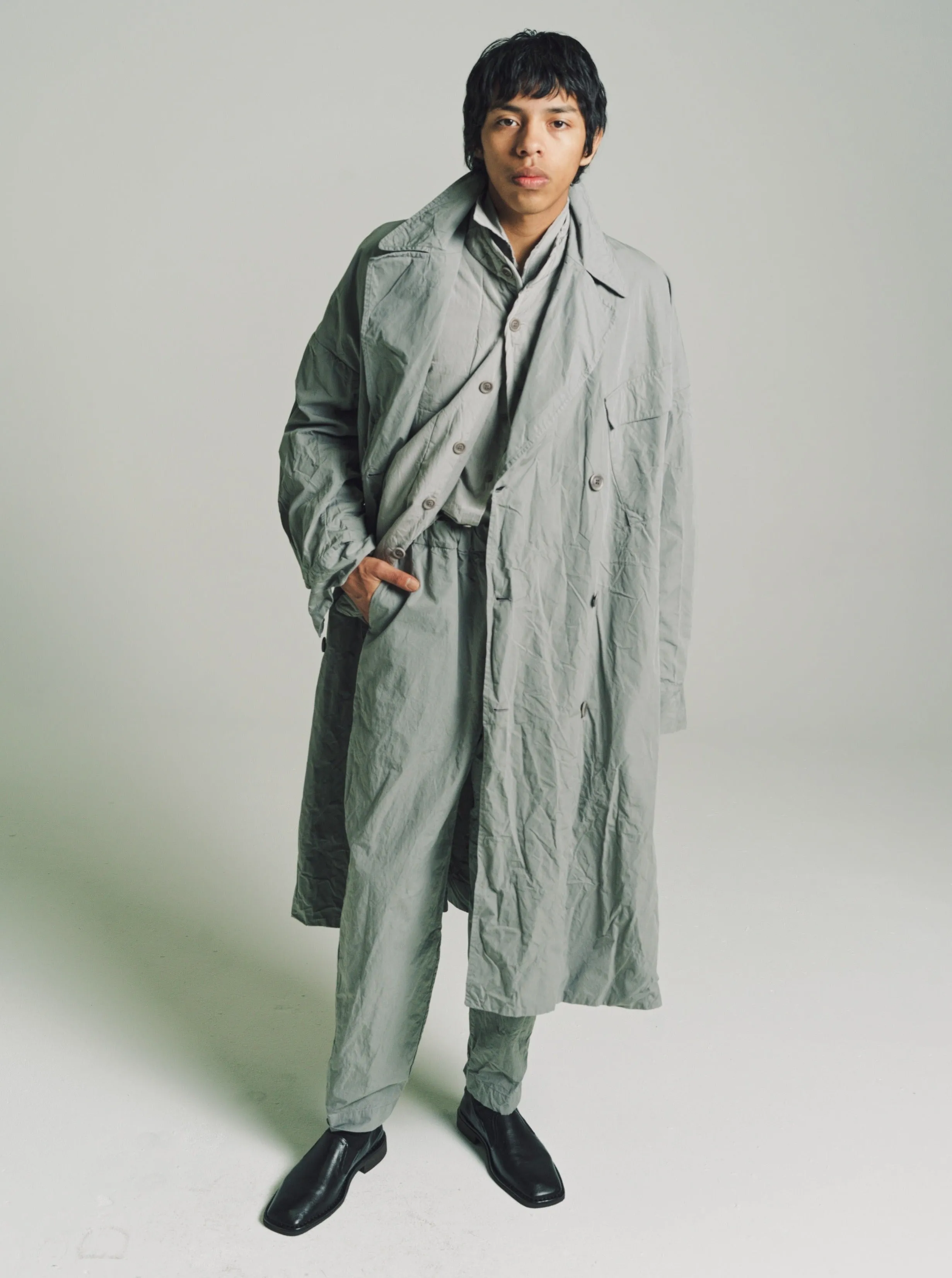 Grey Wrinkled Card Cotton Double Breasted Army Coat