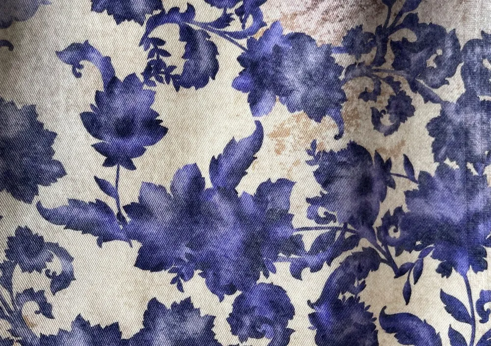 Indigo Plum Foliage Silhouettes Stretch Cotton Twill (Made in Italy)