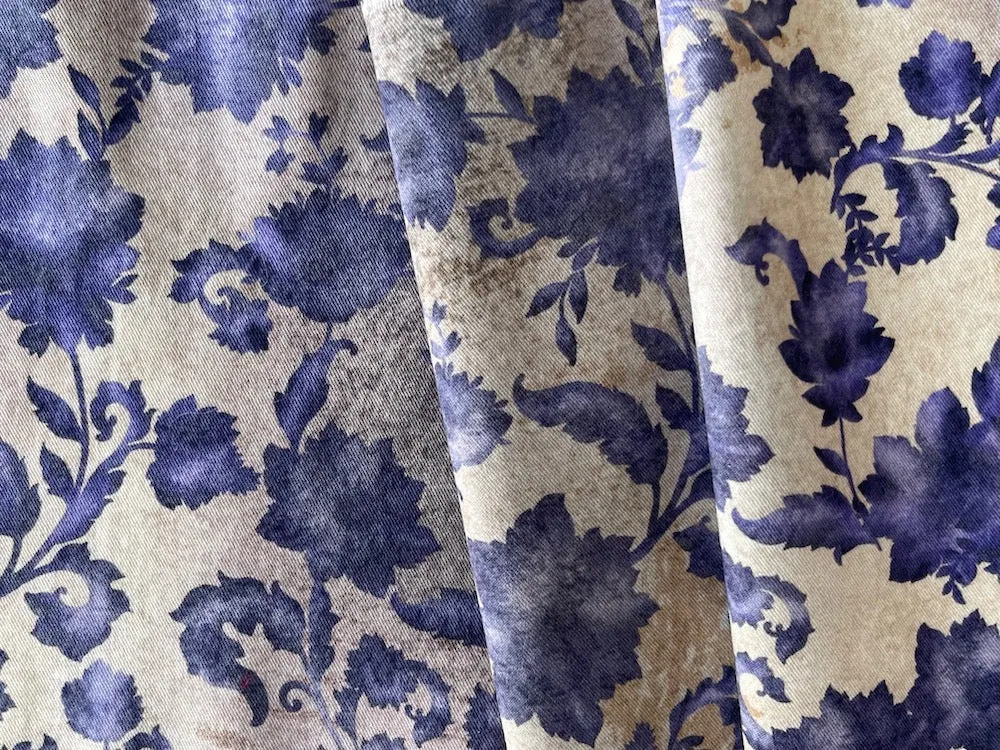 Indigo Plum Foliage Silhouettes Stretch Cotton Twill (Made in Italy)