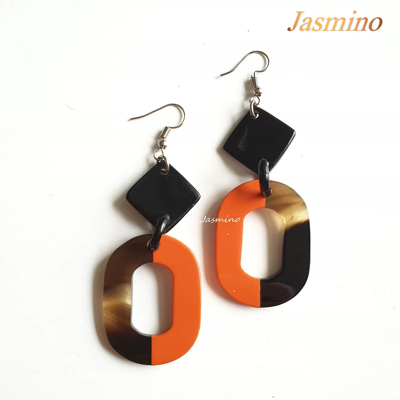 Jasmino Unique Handmade Vintage Large Oval Dangle Earrings Made By Natural Buffalo Horn