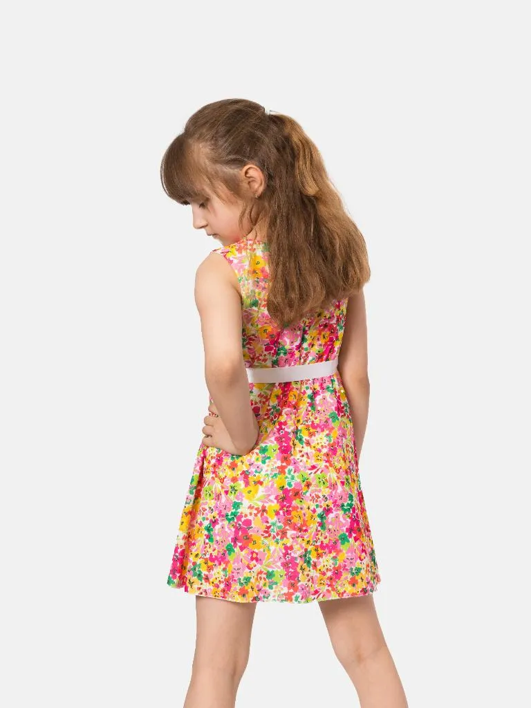 Junior Girl Budapest French Collection Printed Dress with Satin Belt - Yellow