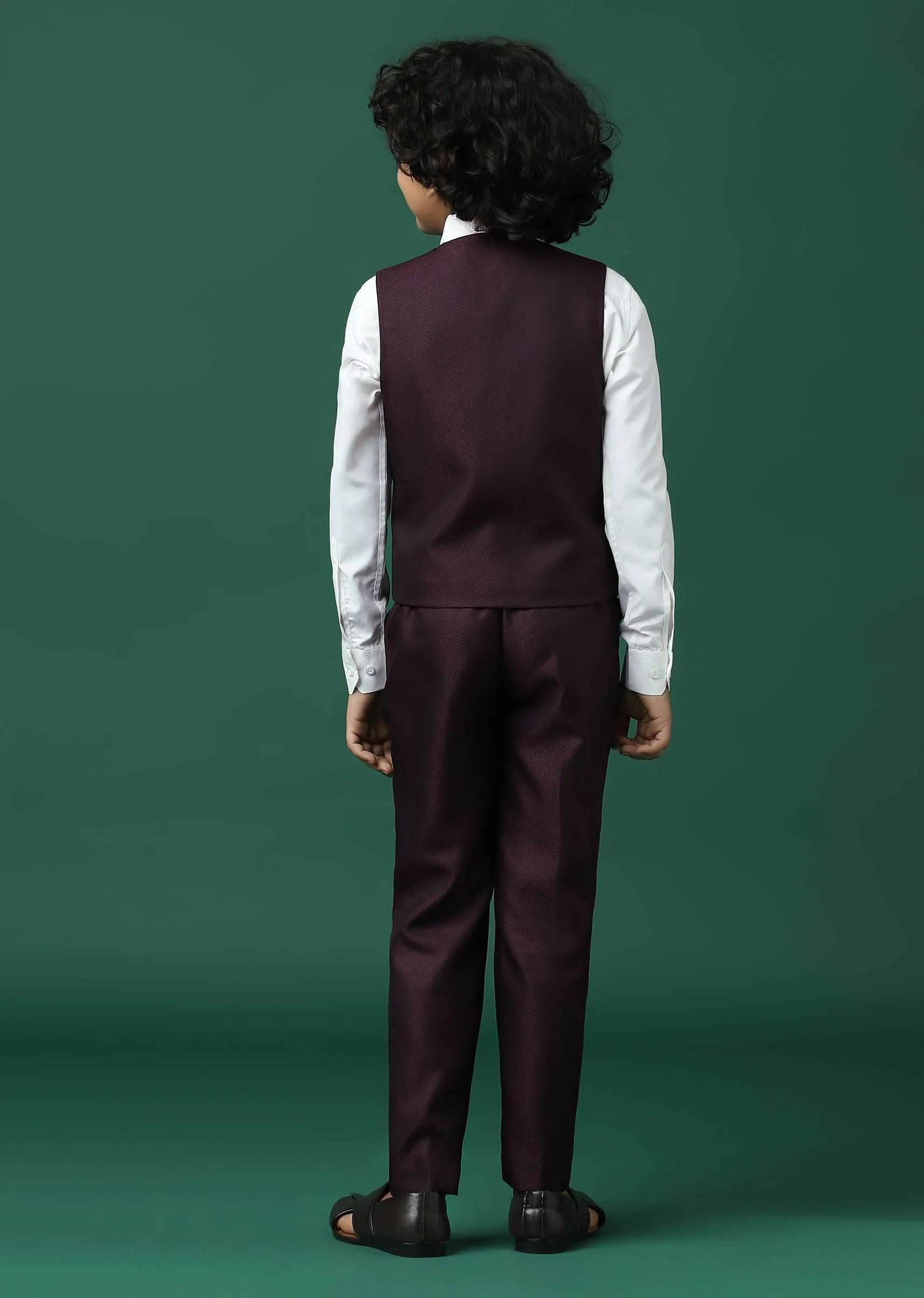 Kalki Wine Red Tuxedo Set In Rayon With Sequins Embroidery For Boys