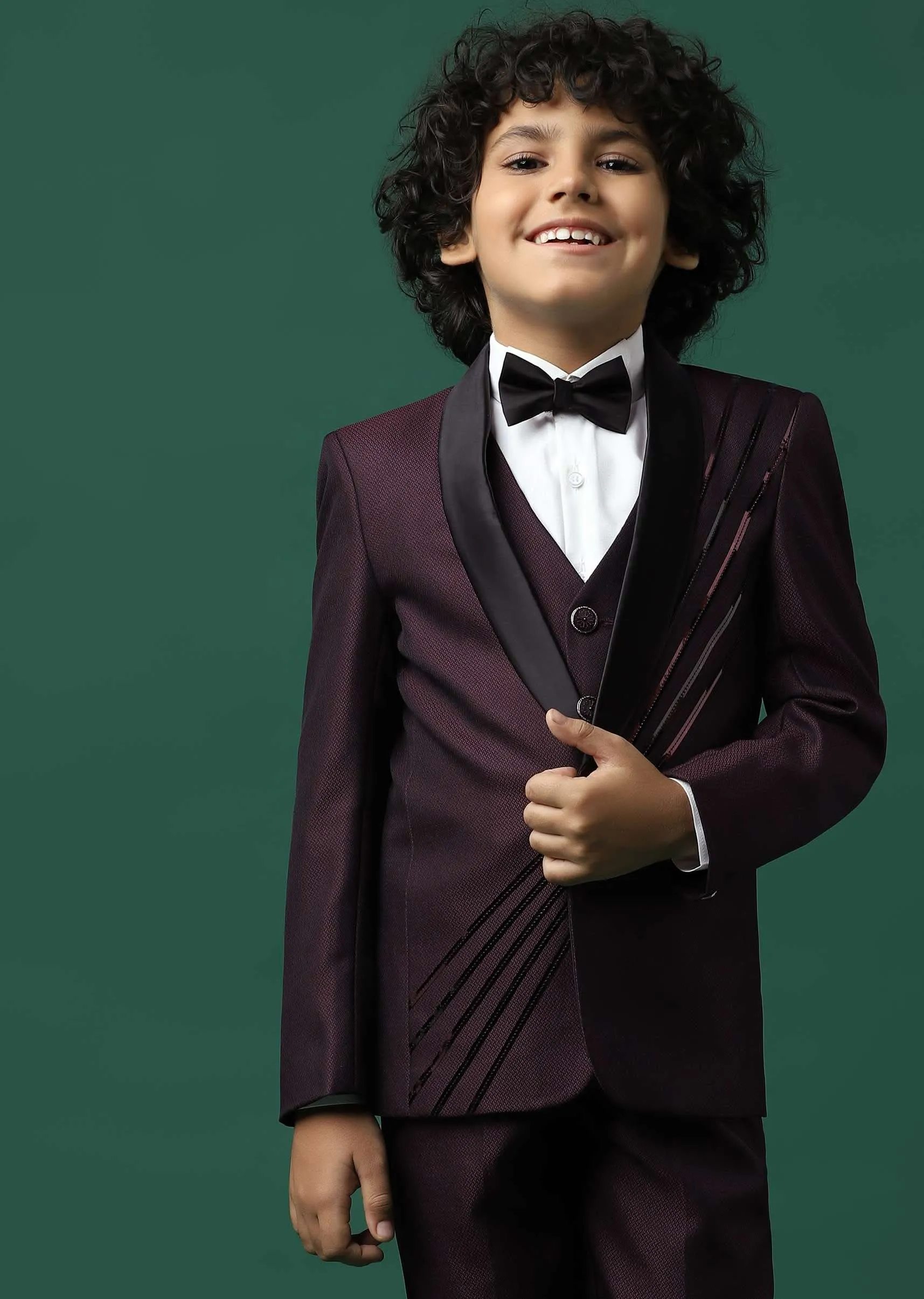 Kalki Wine Red Tuxedo Set In Rayon With Sequins Embroidery For Boys