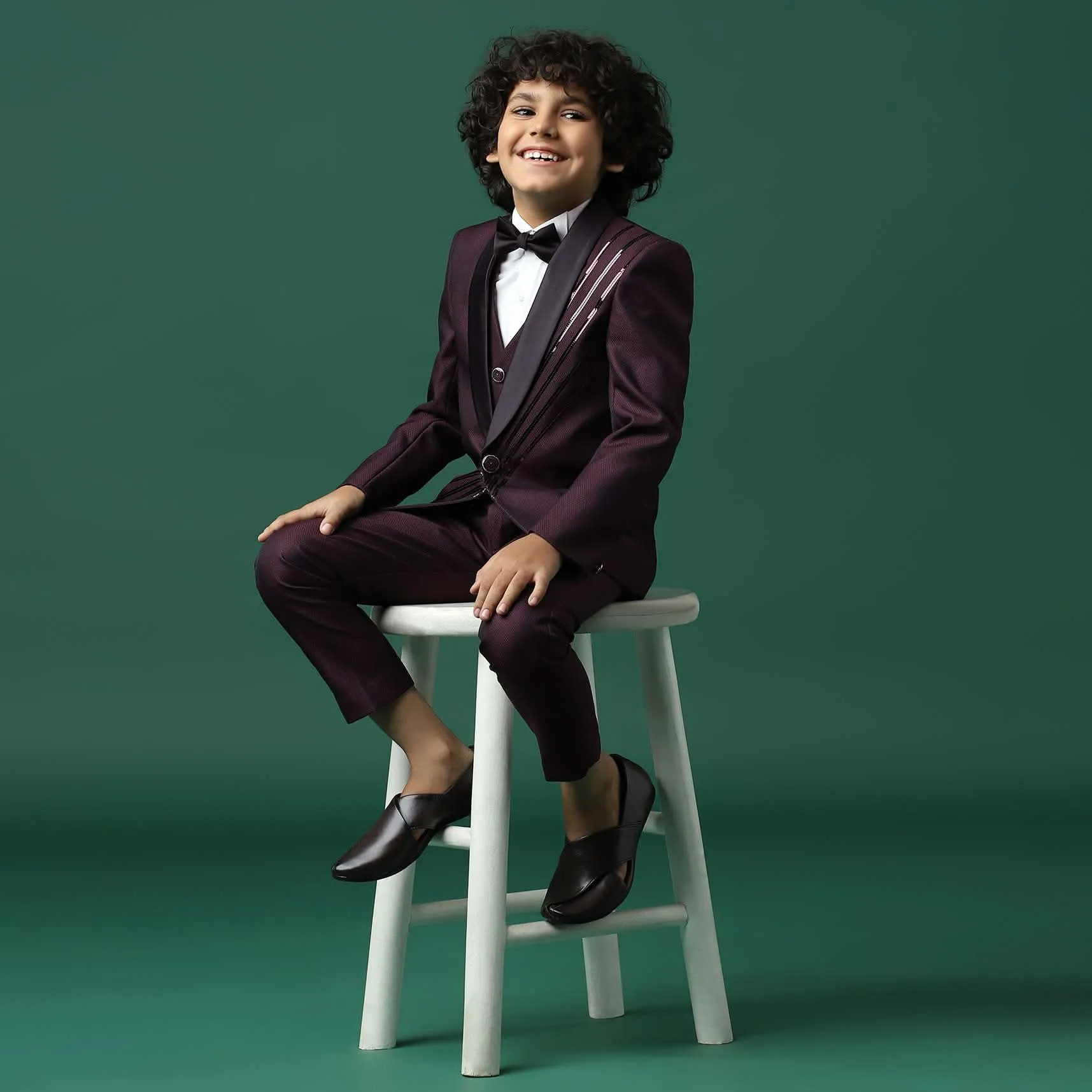 Kalki Wine Red Tuxedo Set In Rayon With Sequins Embroidery For Boys
