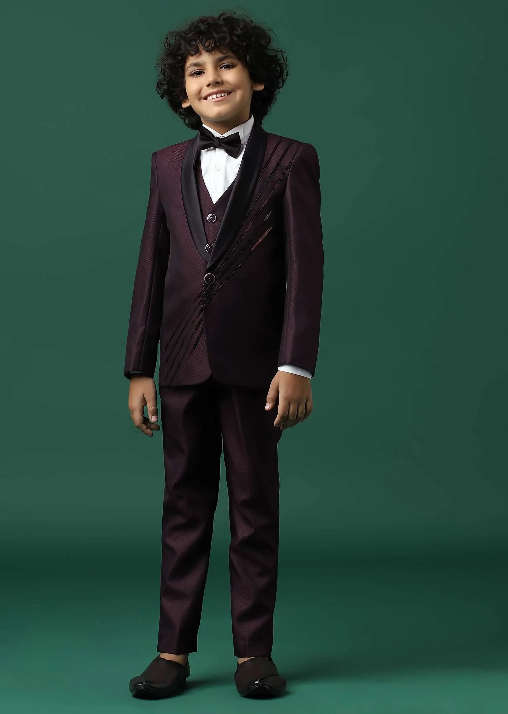 Kalki Wine Red Tuxedo Set In Rayon With Sequins Embroidery For Boys
