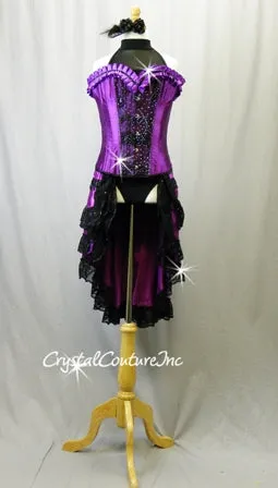 Latin Inspired Purple & Black Corset, Leotard & Tiered Skirt - Swarovski Rhinestones