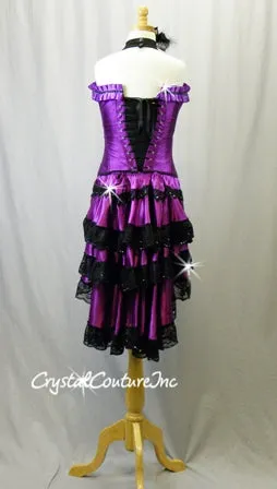 Latin Inspired Purple & Black Corset, Leotard & Tiered Skirt - Swarovski Rhinestones
