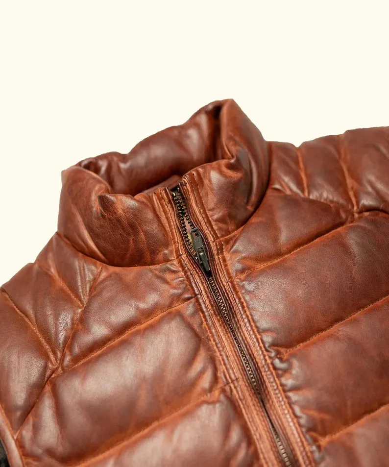 Men's Brown Leather Puffer Vest: Sleeveless Jacket, Perfect for Casual Wear, Genuine Leather