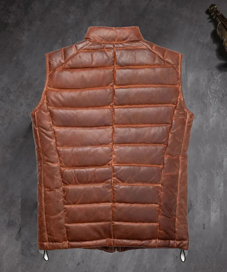 Men's Brown Leather Puffer Vest: Sleeveless Jacket, Perfect for Casual Wear, Genuine Leather