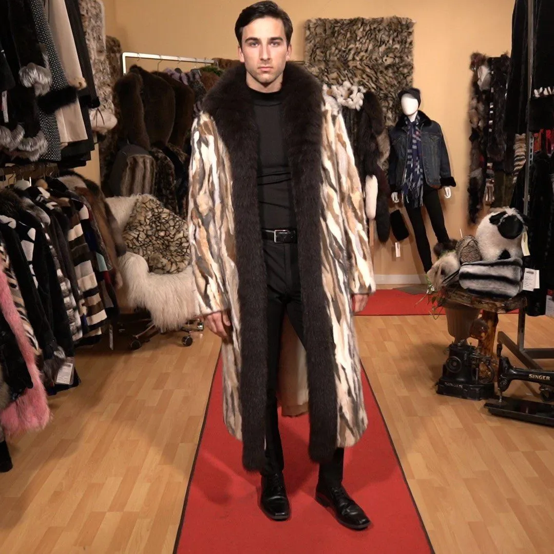 Men’s Long Coat Beige Mink with Fox Trim