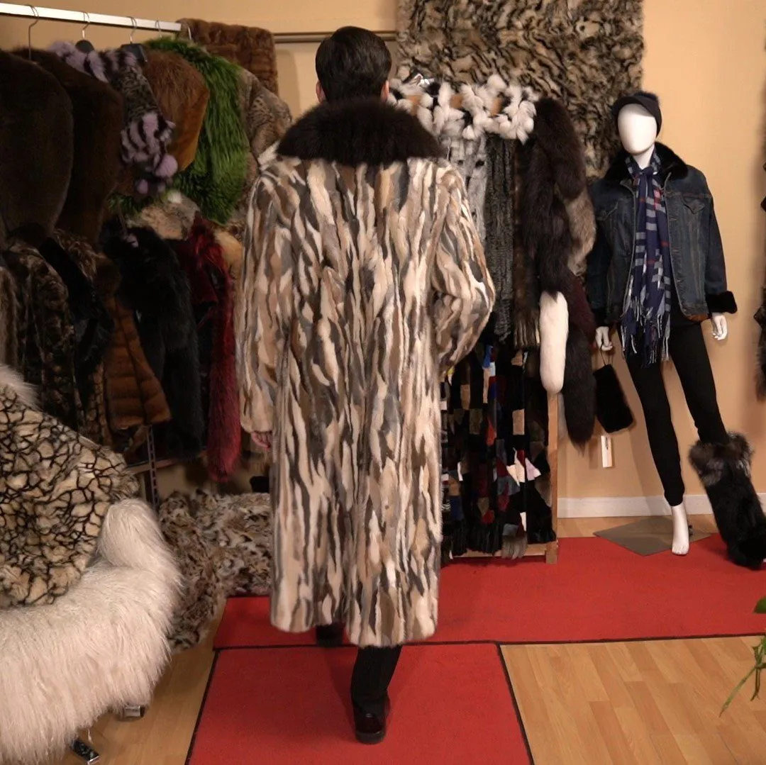 Men’s Long Coat Beige Mink with Fox Trim
