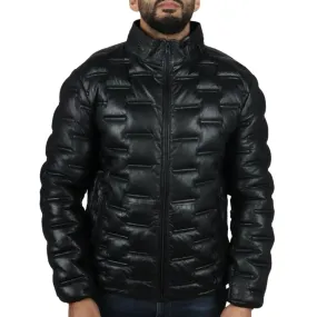 Men's Puffer Quilted Real Leather Waist Length Jacket