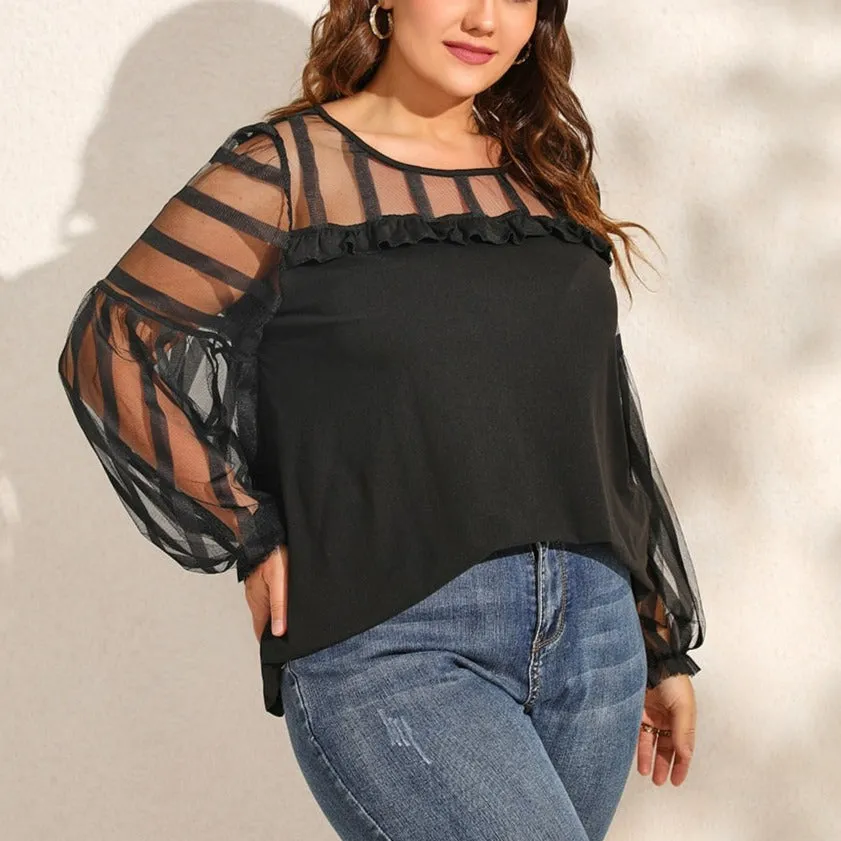 Mesh Sleeve Chiffon Ruffle Blouse