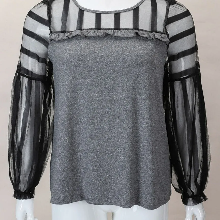 Mesh Sleeve Chiffon Ruffle Blouse