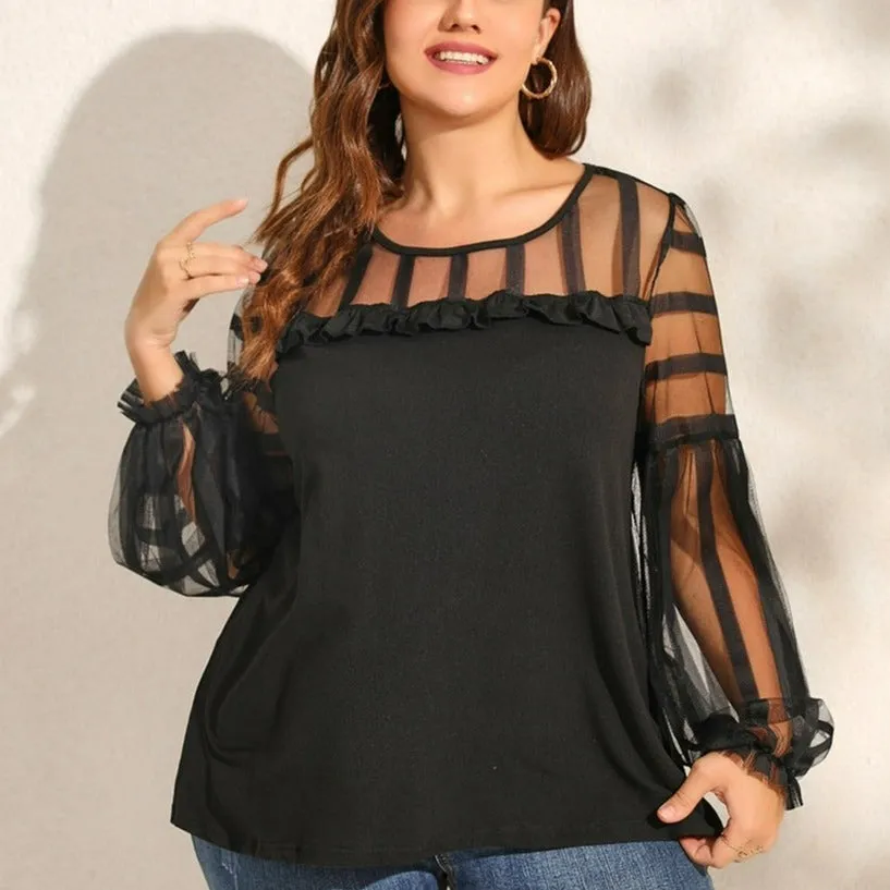 Mesh Sleeve Chiffon Ruffle Blouse