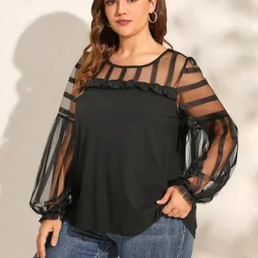 Mesh Sleeve Chiffon Ruffle Blouse