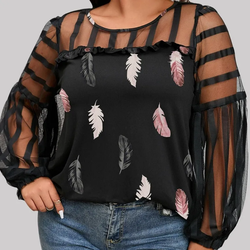 Mesh Sleeve Chiffon Ruffle Blouse