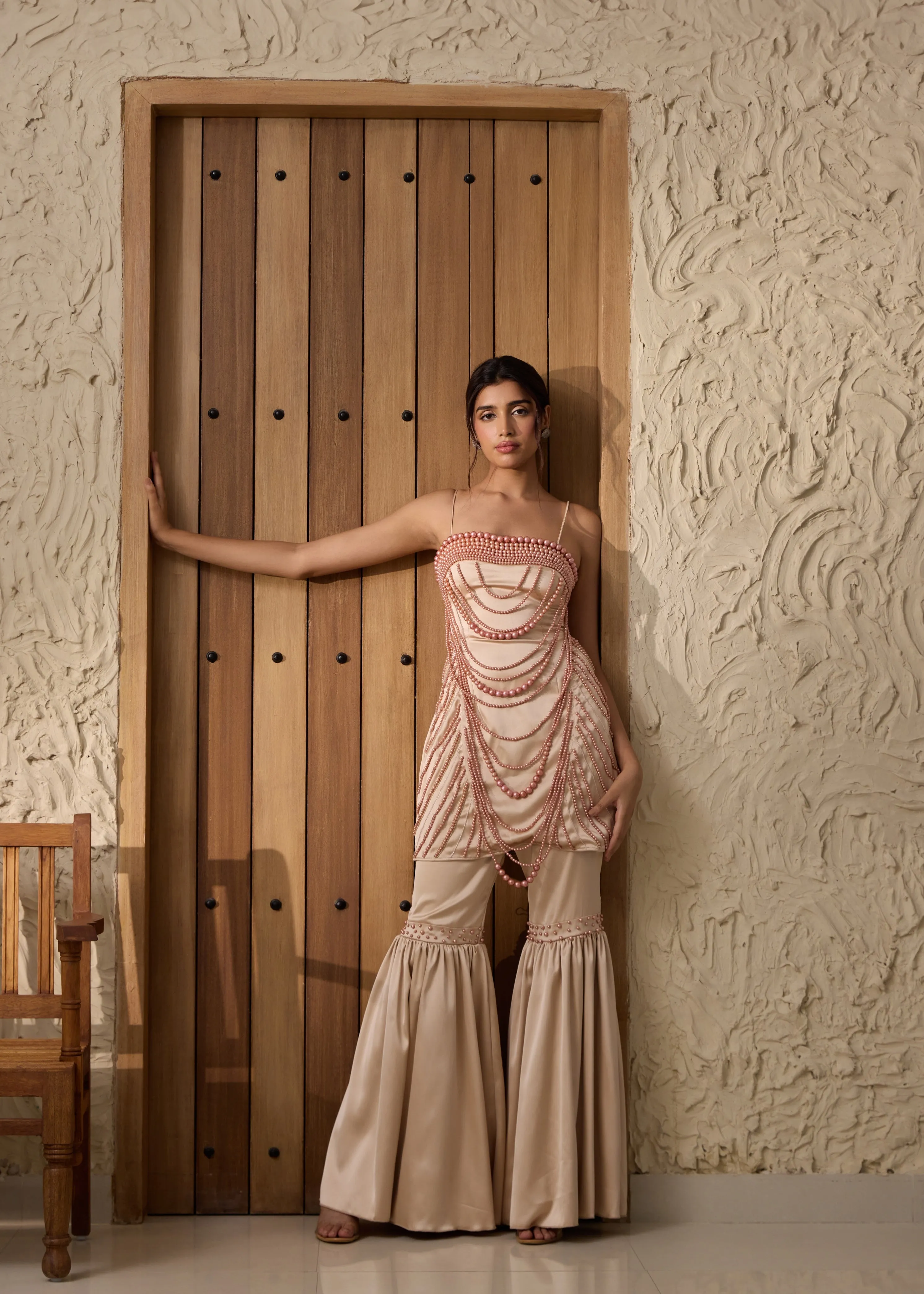 Nadira Champagne Hand-Embroidered Sharara Set