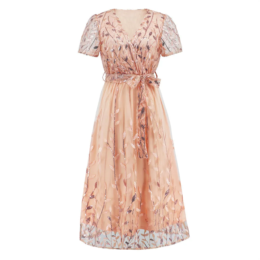 Plus Size Embroidered Bright Mesh Gown Fashionable Slim-fit V-neck Midi Dress