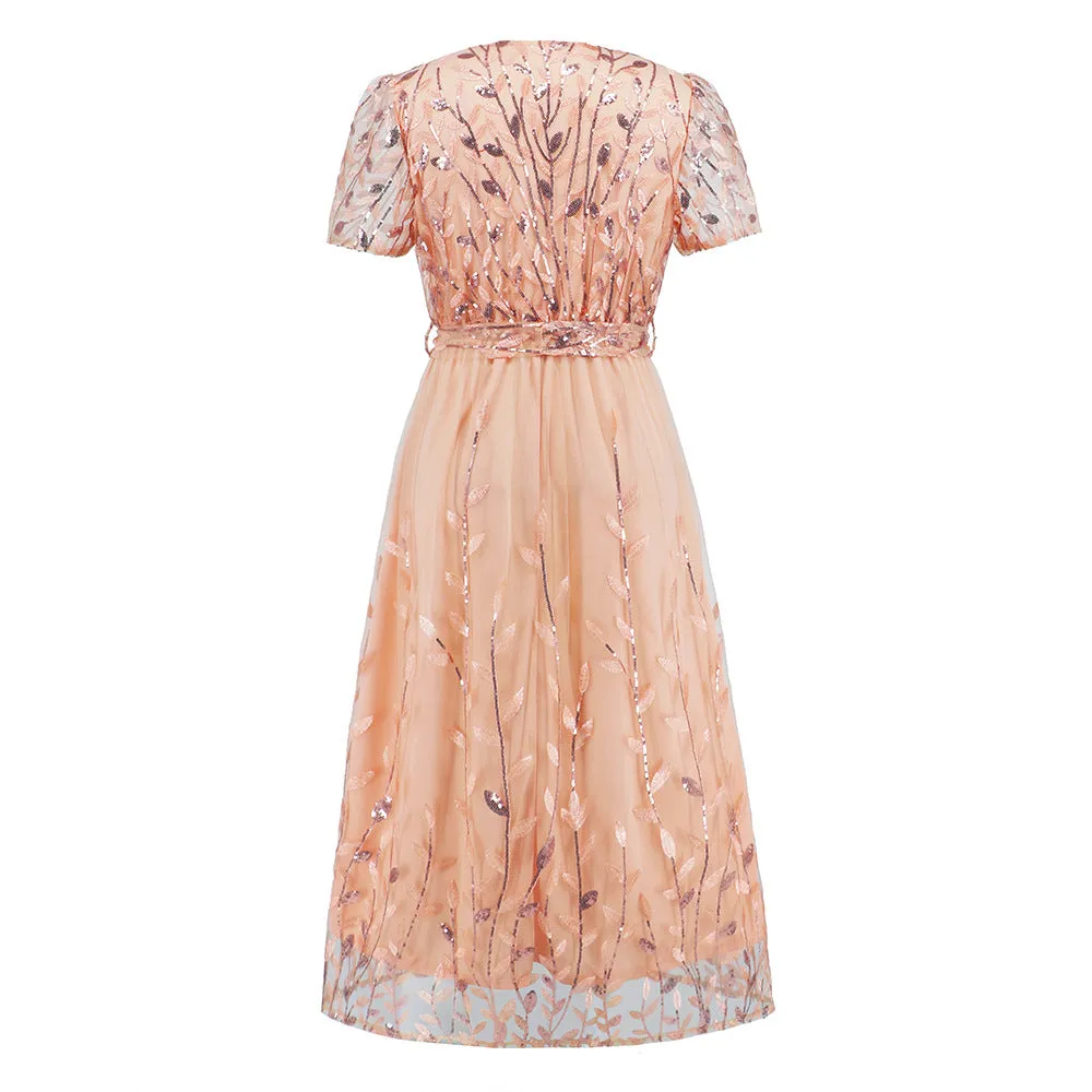 Plus Size Embroidered Bright Mesh Gown Fashionable Slim-fit V-neck Midi Dress
