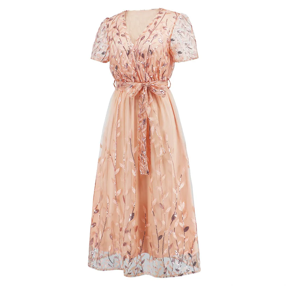 Plus Size Embroidered Bright Mesh Gown Fashionable Slim-fit V-neck Midi Dress