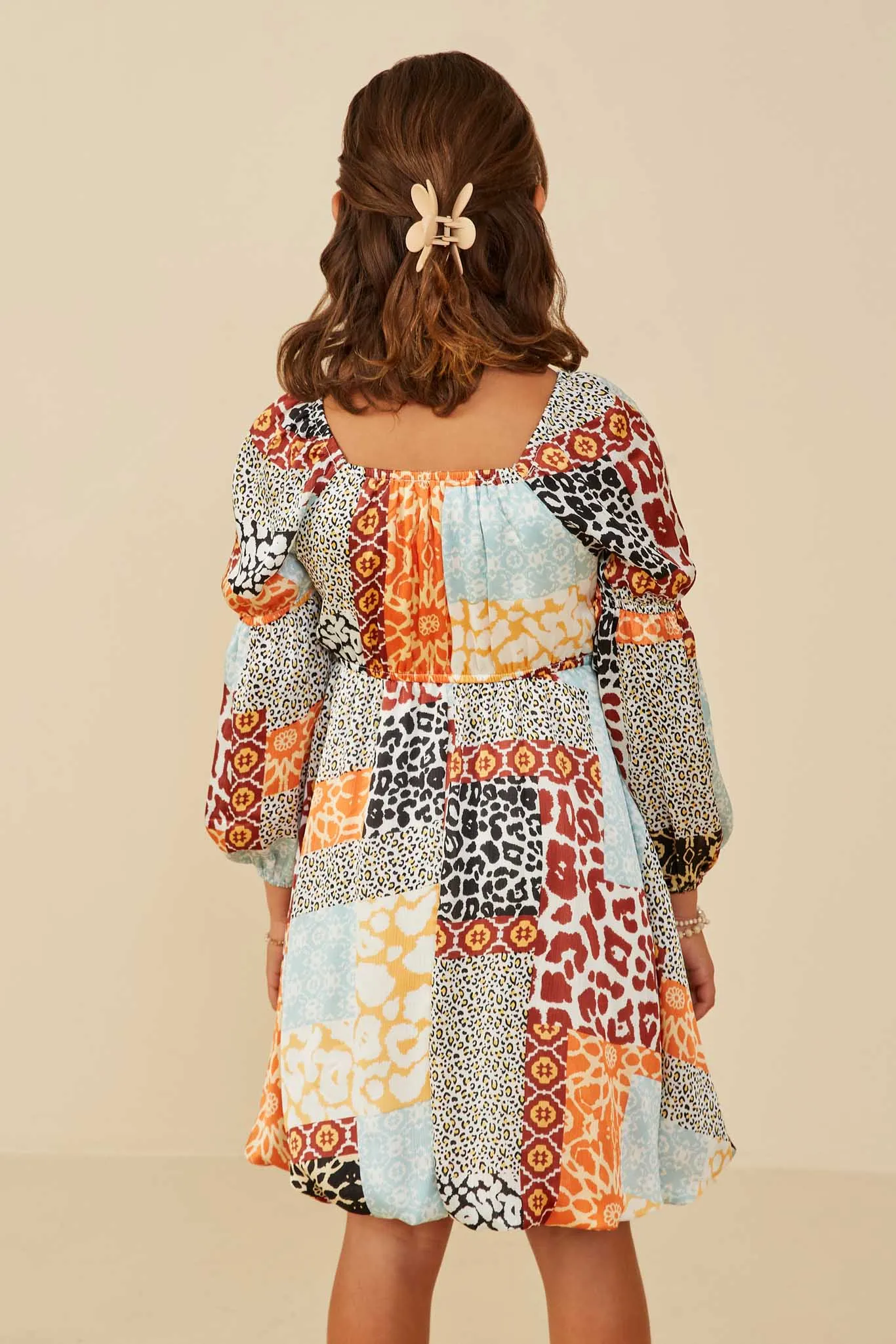 Quilted Animal Print Smocked Peasant Sleeve Dress