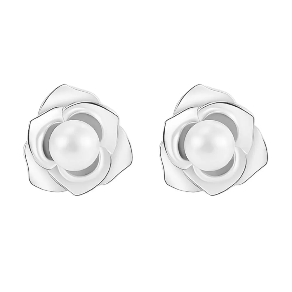 S925 Sterling Silver Camellia Pearl Earrings
