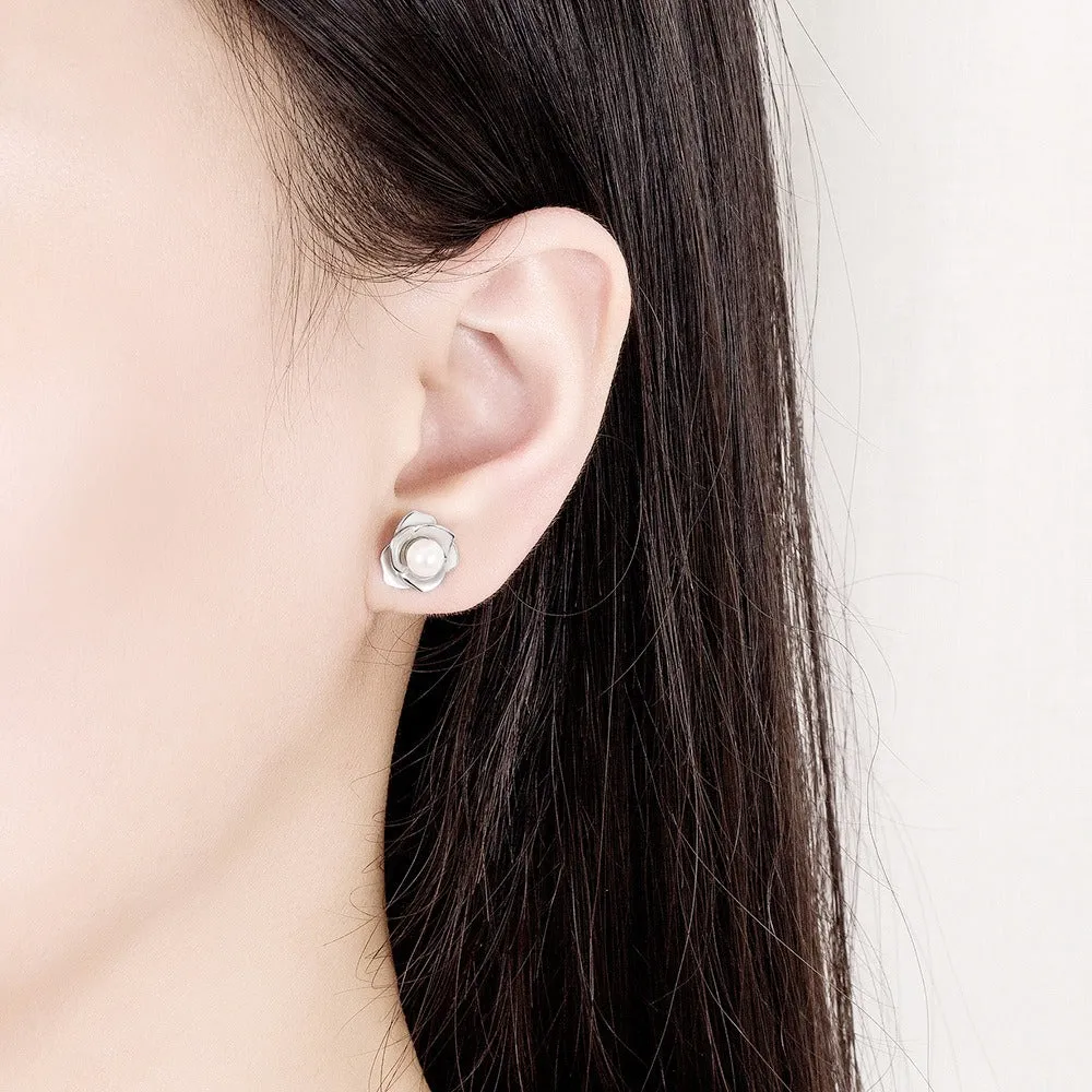 S925 Sterling Silver Camellia Pearl Earrings