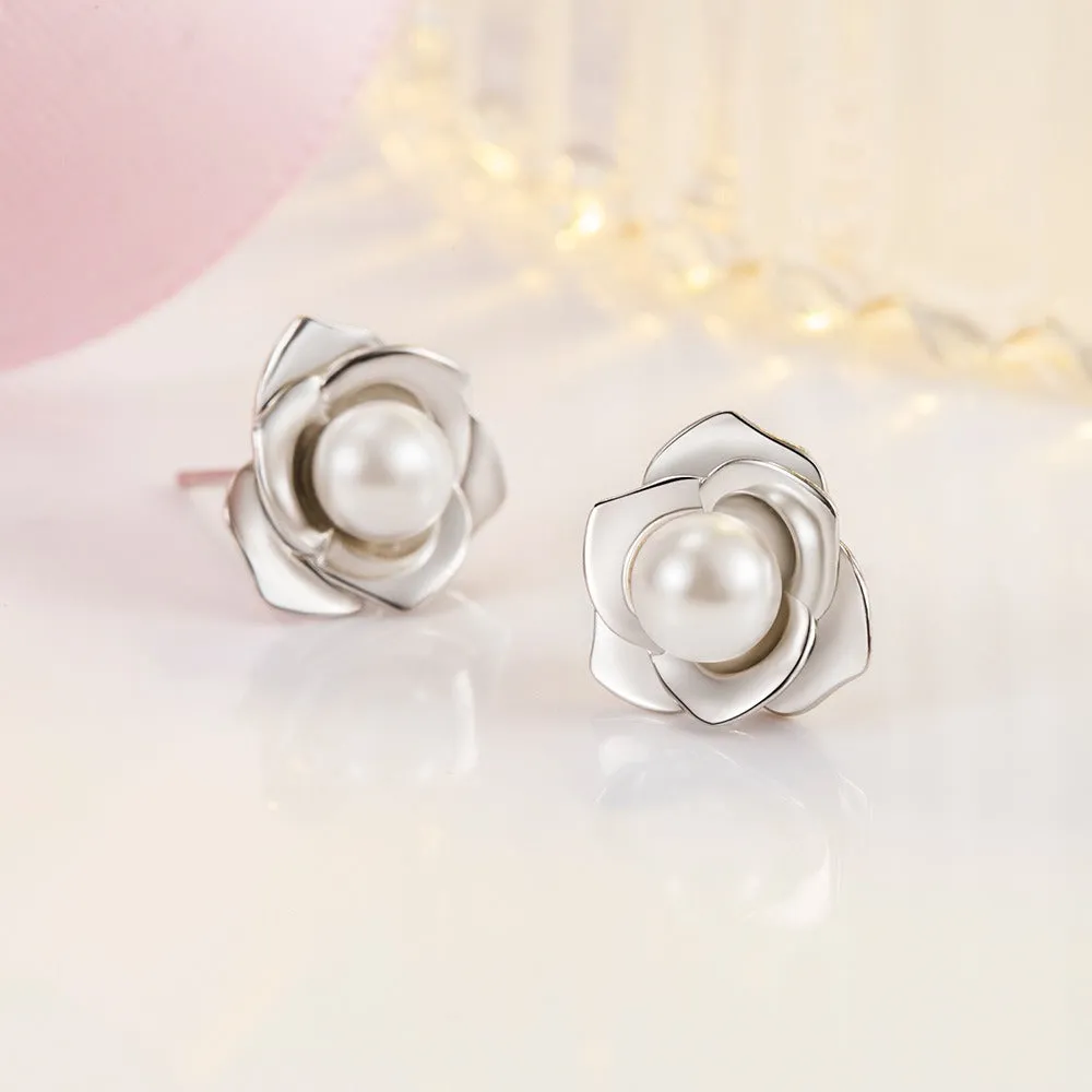S925 Sterling Silver Camellia Pearl Earrings