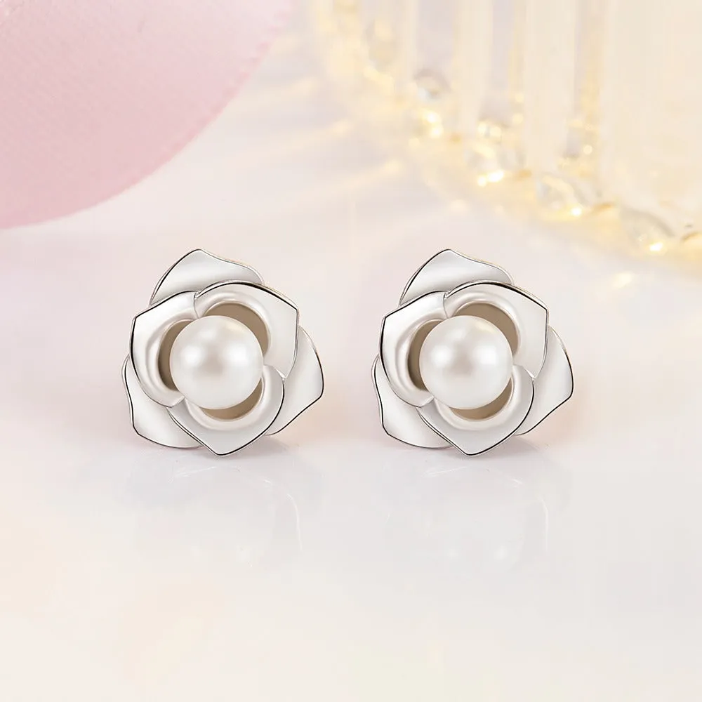 S925 Sterling Silver Camellia Pearl Earrings