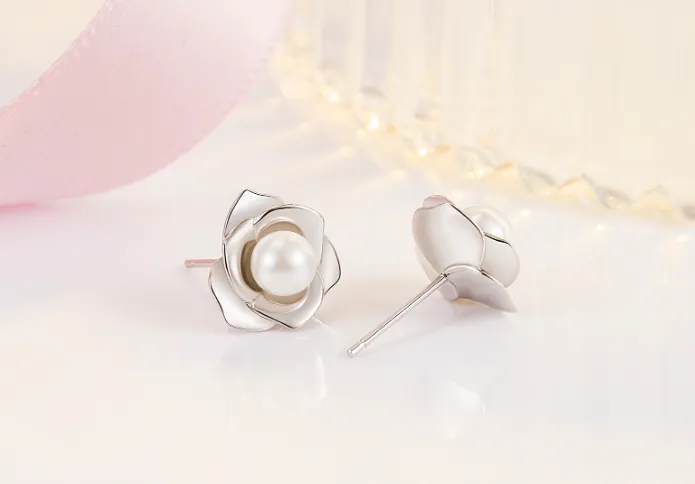 S925 Sterling Silver Camellia Pearl Earrings