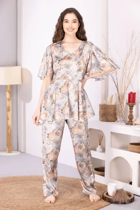 Satin Night suit in Gold print