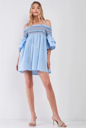 Sky Blue Cold Shoulder Colorful Stitching Smock Trim Layered Bell Sleeve Babydoll Mini Dress /3-3