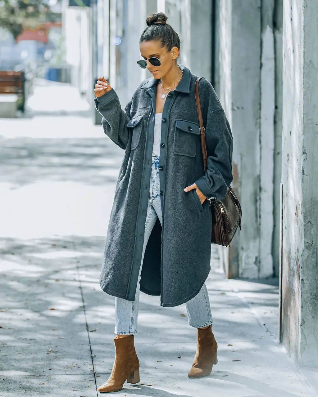 TastyHottie - Alayjah Pocketed Longline Fleece Shacket - Charcoal