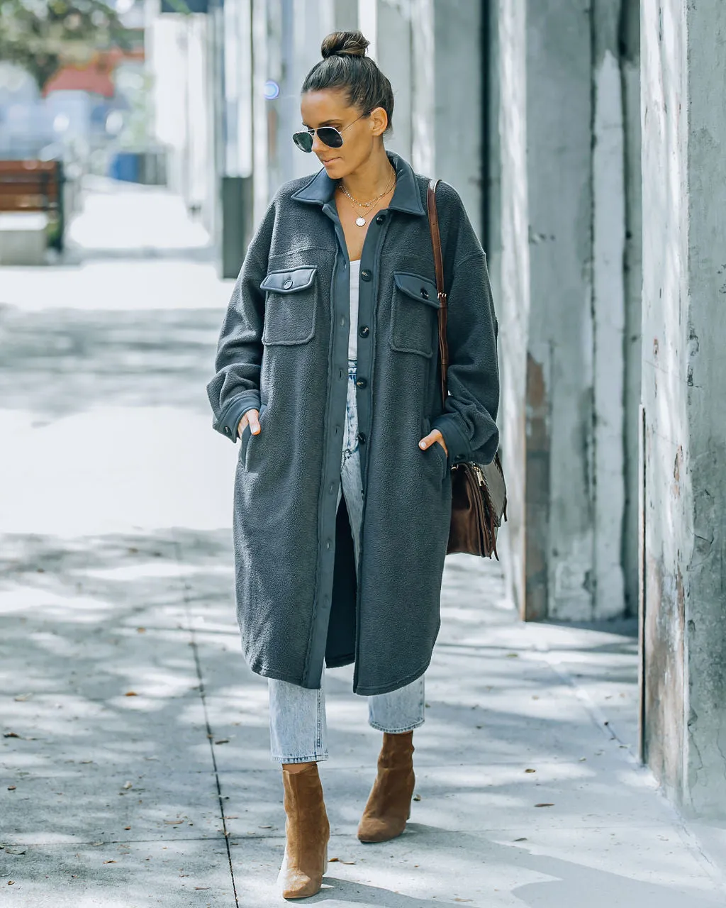 TastyHottie - Alayjah Pocketed Longline Fleece Shacket - Charcoal