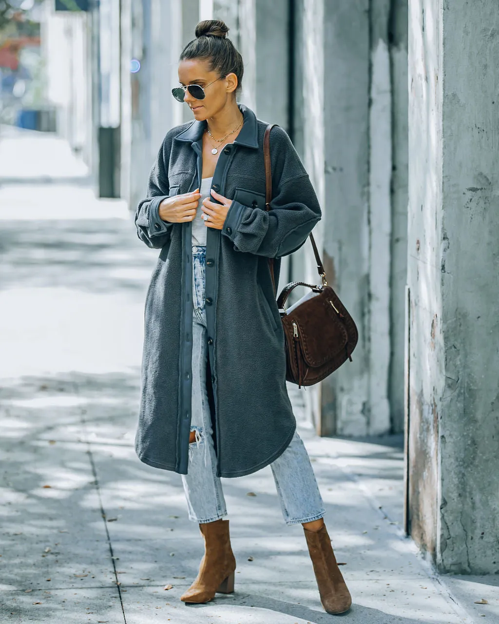 TastyHottie - Alayjah Pocketed Longline Fleece Shacket - Charcoal