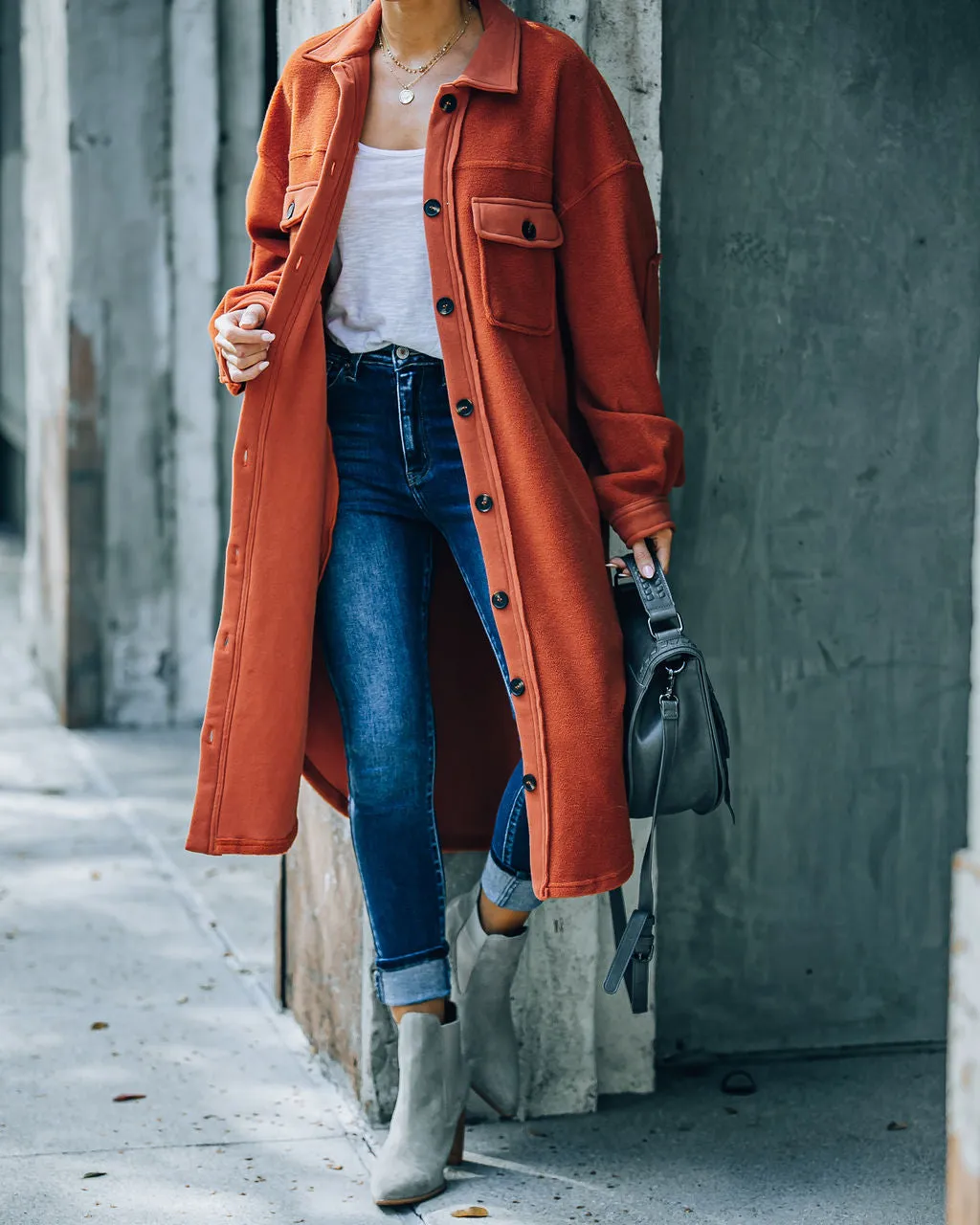 TastyHottie - Alayjah Pocketed Longline Fleece Shacket - Rust