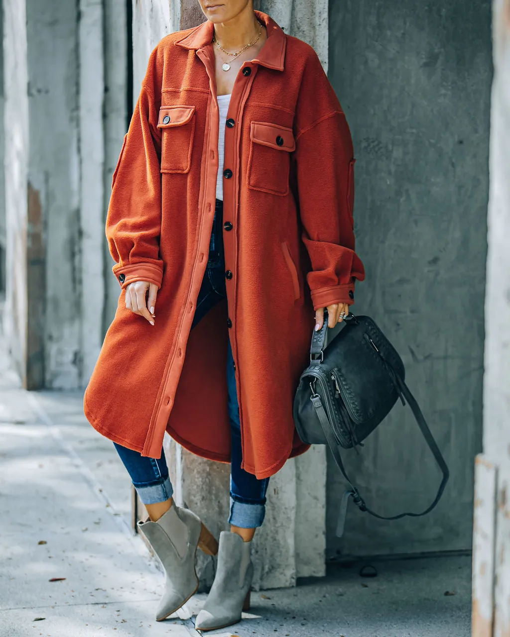TastyHottie - Alayjah Pocketed Longline Fleece Shacket - Rust