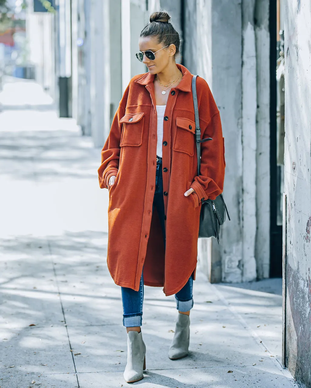 TastyHottie - Alayjah Pocketed Longline Fleece Shacket - Rust