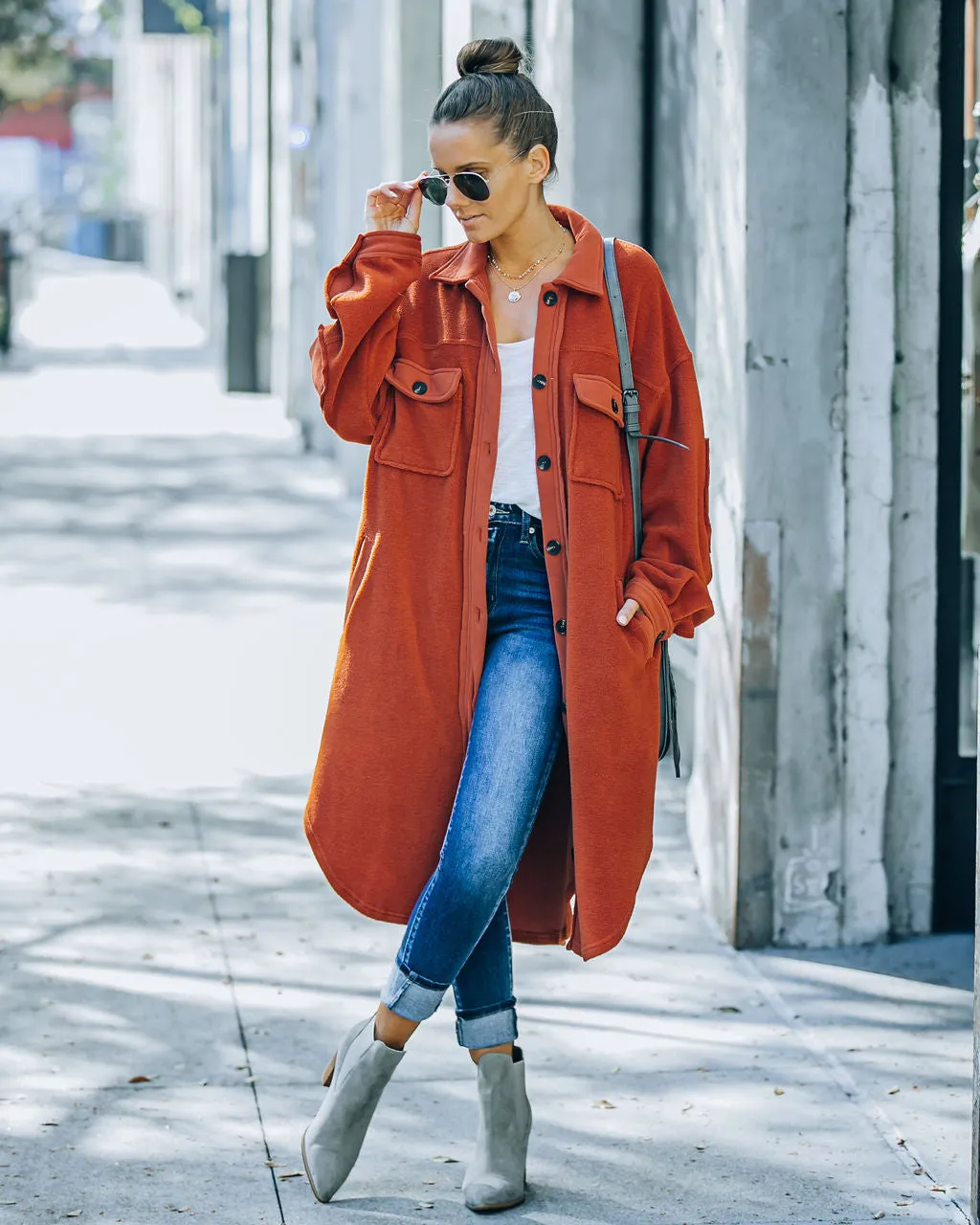 TastyHottie - Alayjah Pocketed Longline Fleece Shacket - Rust