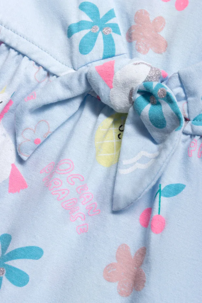 Unicorn Sleeveless Knit Dress With Tie Light Blue