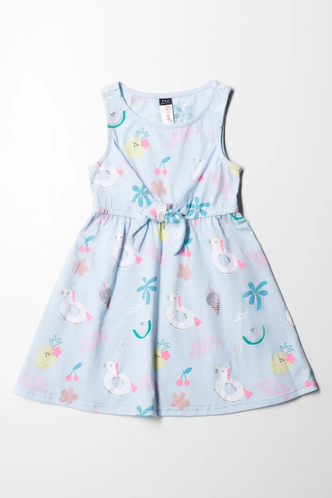 Unicorn Sleeveless Knit Dress With Tie Light Blue