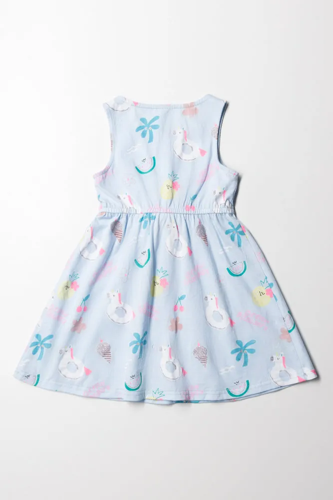 Unicorn Sleeveless Knit Dress With Tie Light Blue