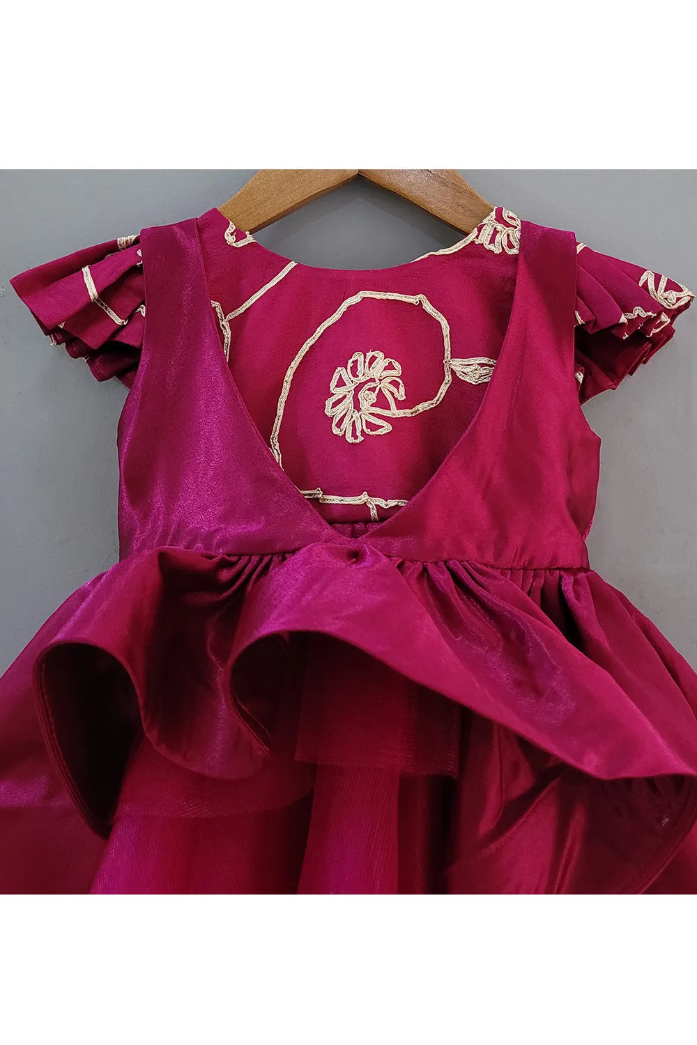 Wine Embroidered Layered Dress