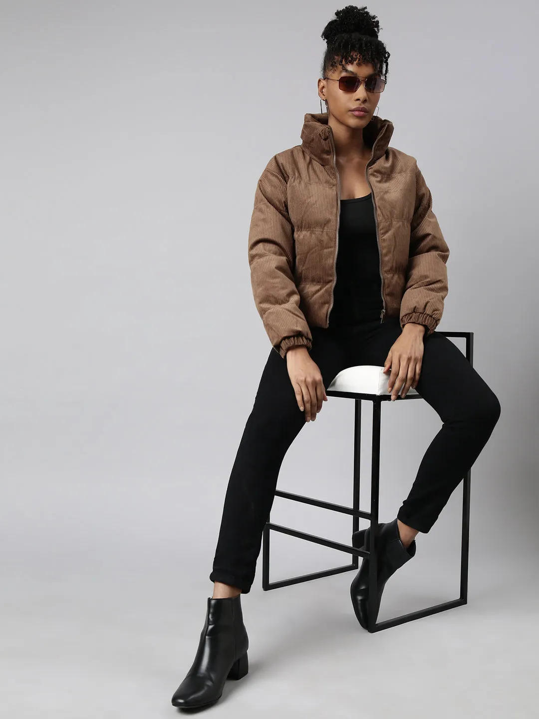 Women Solid Brown Puffer Jacket