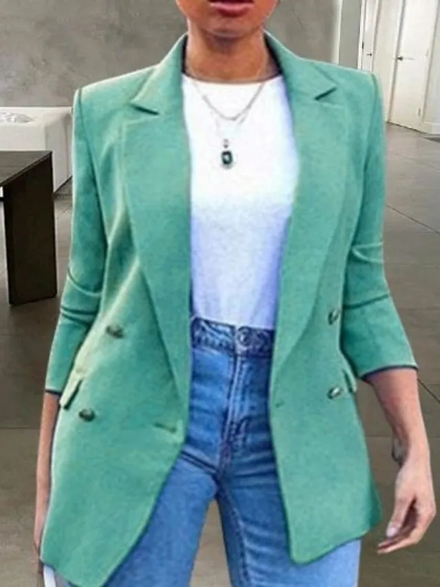 Women's Plus Size Blazer Button Pocket Clean Fit Plain Formal Work Long Sleeve Turndown Regular Fall Spring Green Black Pink L XL XXL 3XL 4XL