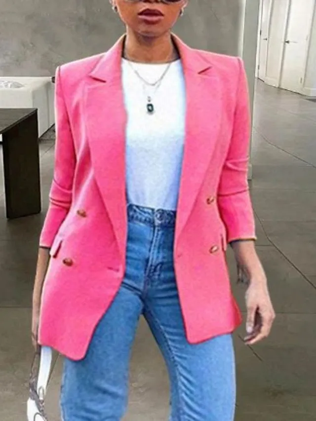 Women's Plus Size Blazer Button Pocket Clean Fit Plain Formal Work Long Sleeve Turndown Regular Fall Spring Green Black Pink L XL XXL 3XL 4XL